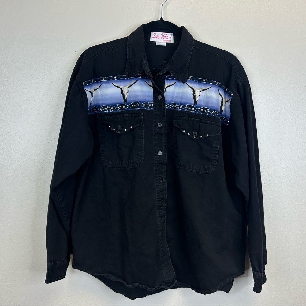 Vintage Sue Who? Women’s Western Shacket Top Size L Button Up Rhinestone‎ Black